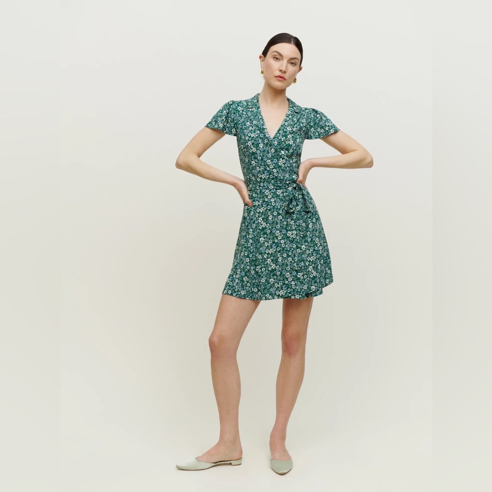 Reformation Green Floral Wrap Dress